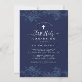 Invitation Blue Floral Leaf Boys Première Communion (Devant)