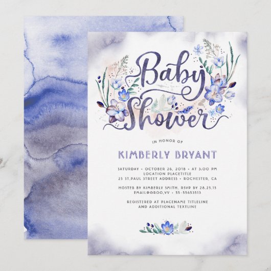 Invitation Blue Floral Little Man - Baby shower garçon (Devant / Derrière)