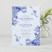 Invitation Blue Floral Lotus Chinoiserie avec Mariage photo (Debout devant)