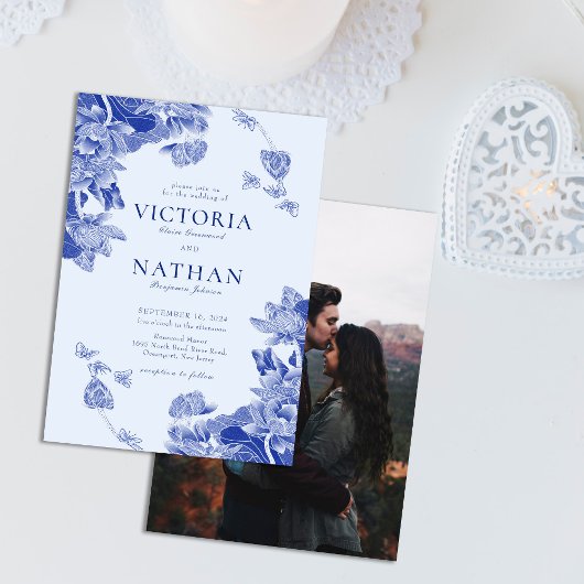 Invitation Blue Floral Lotus Chinoiserie avec Mariage photo
