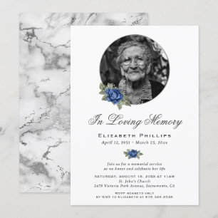 Invitation Blue Floral Marbre argenté Service commémoratif ph