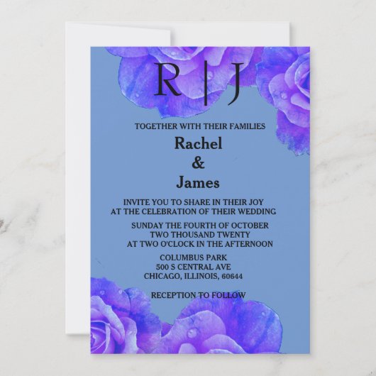Invitation Blue Floral Monogramme Élégant Rose Fleurs Mariage (Devant)