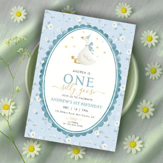 Invitation Blue Floral One Silly Goose Boy 1st Birthday