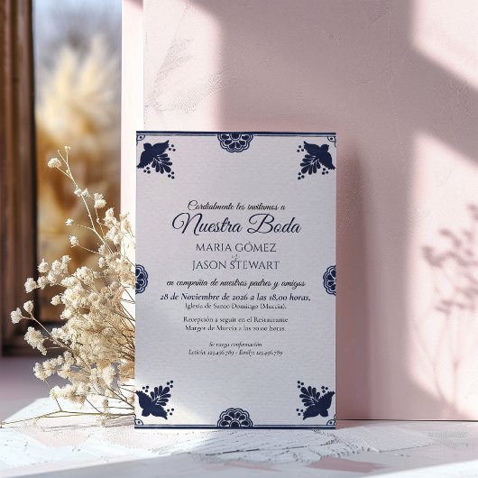 Invitation Blue Floral Otomi Simple Fiesta Spanish Wedding