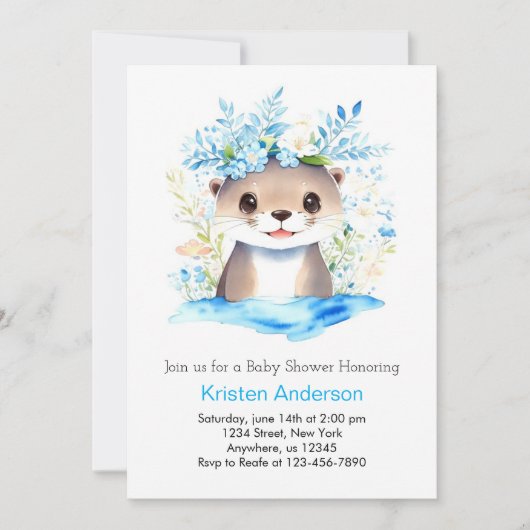 Invitation Blue Floral Otter Aquarelle Baby shower garçon (Devant)