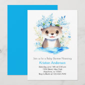 Invitation Blue Floral Otter Aquarelle Baby shower garçon (Devant / Derrière)