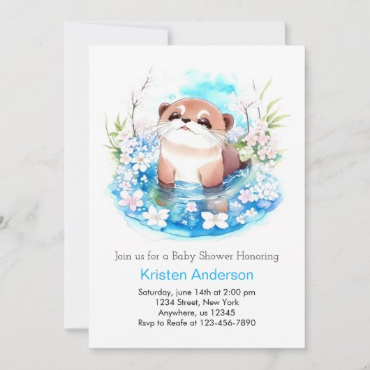 Invitation Blue Floral Otter Meadow Boy Baby shower (Devant)