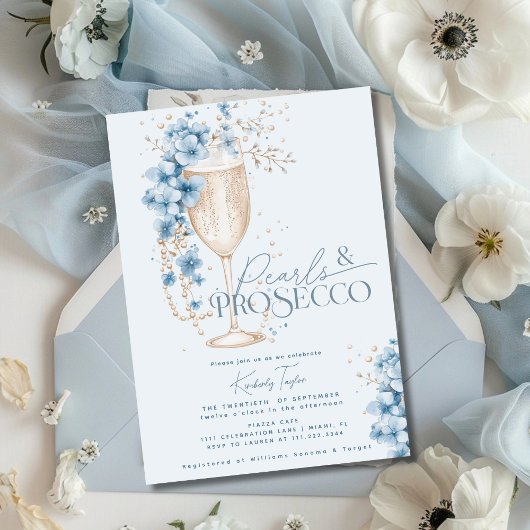 Invitation Blue Floral Pearls & Prosecco Fête des mariées