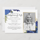 Invitation Blue Floral Photo moderne Célébration de la vie (Devant)