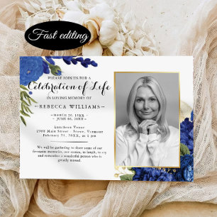 Invitation Blue Floral Photo moderne Célébration de la vie