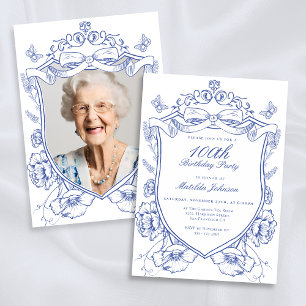 Invitation Blue Floral Photo personnalisée 100e fête d'annive