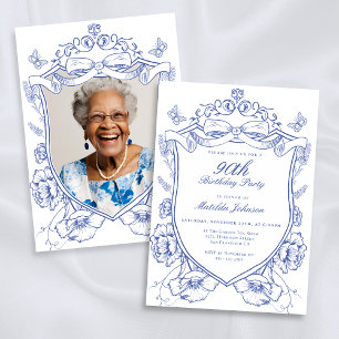 Invitation Blue Floral Photo personnalisée 90e fête d'anniver