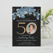 Invitation Blue Floral Photo Surprise 50e fête d'anniversaire (Debout devant)