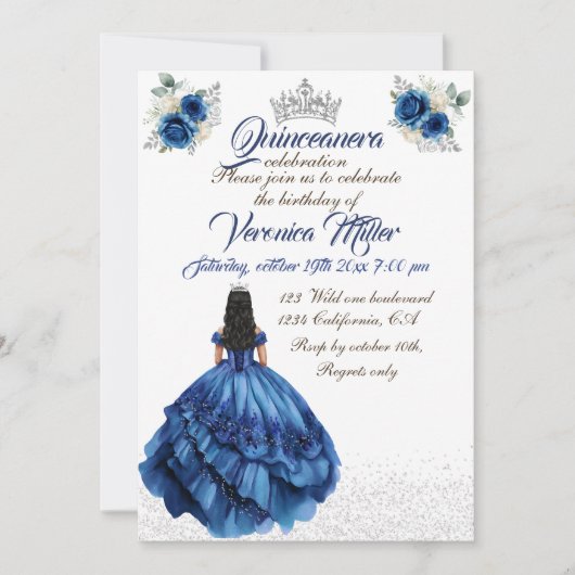 Invitation Blue Floral Princess Fille fête d'anniversaire (Devant)