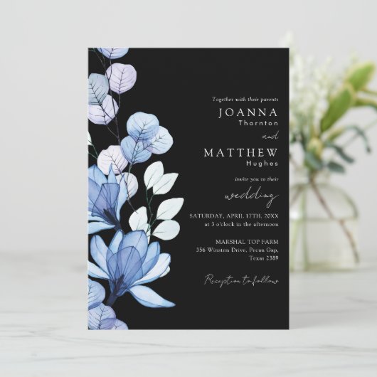 Invitation Blue Floral QR Code noir et blanc Mariage (Debout devant)