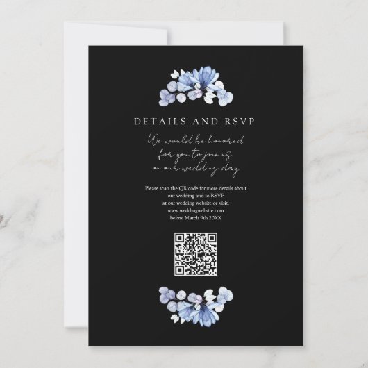 Invitation Blue Floral QR Code noir et blanc Mariage (Dos)