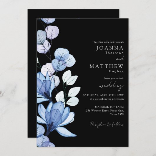 Invitation Blue Floral QR Code noir et blanc Mariage (Devant / Derrière)