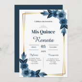 Invitation Blue Floral Quinceañera Spanish  (Devant / Derrière)