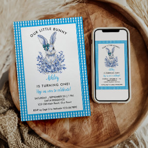Invitation Blue Floral Rabbit 1er anniversaire pour les enfan