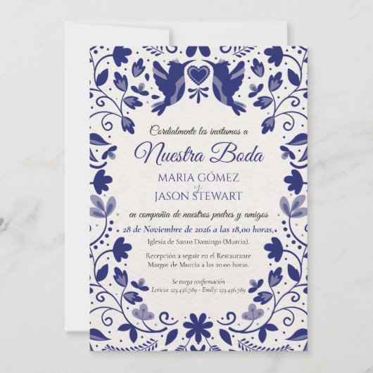 Invitation Blue Floral Romantic Aesthetic Spanish Wedding (Devant)