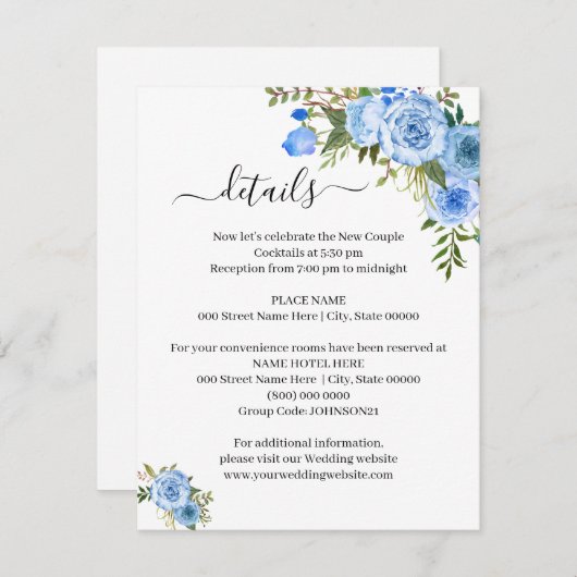 Invitation Blue Floral Romantic Boho Chic Details insert card (Devant / Derrière)