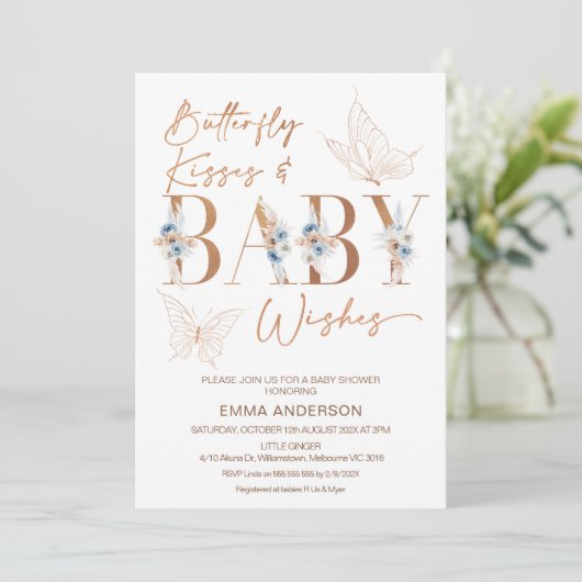 Invitation Blue Floral Rose Gold Butterfly baisers Baby showe (Debout devant)