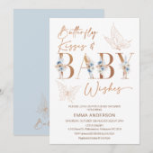 Invitation Blue Floral Rose Gold Butterfly baisers Baby showe (Devant / Derrière)