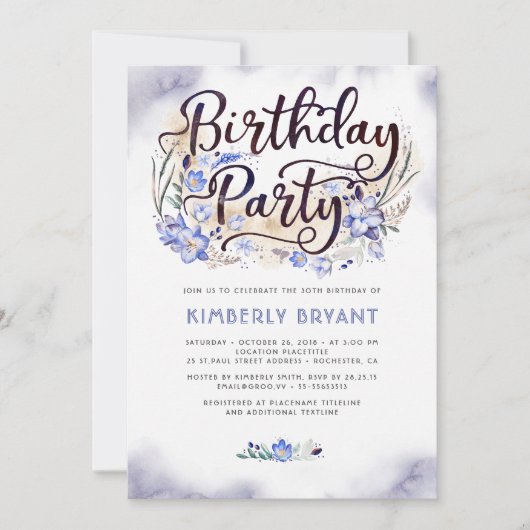 Invitation Blue Floral Script Aquarelle fête d'anniversaire (Devant)