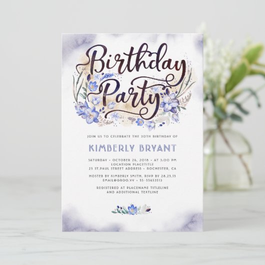 Invitation Blue Floral Script Aquarelle fête d'anniversaire (Debout devant)