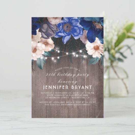 Invitation Blue Floral String éclaire Rustique fête d'anniver (Debout devant)