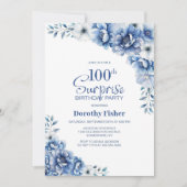 Invitation Blue Floral Surprise 100e fête d'anniversaire (Devant)