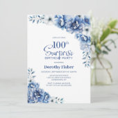 Invitation Blue Floral Surprise 100e fête d'anniversaire (Debout devant)