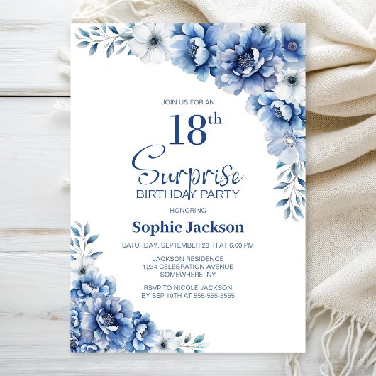 Invitation Blue Floral Surprise 18ème anniversaire