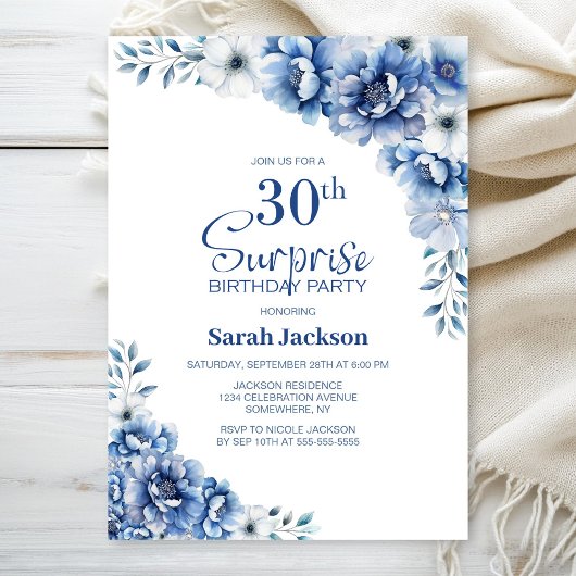 Invitation Blue Floral Surprise 30e anniversaire
