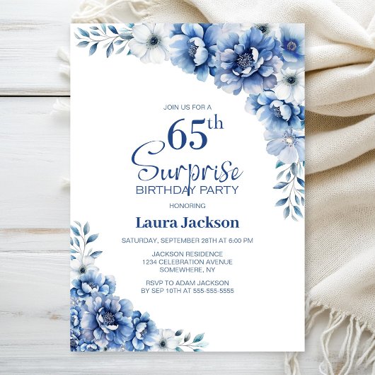 Invitation Blue Floral Surprise 65e anniversaire