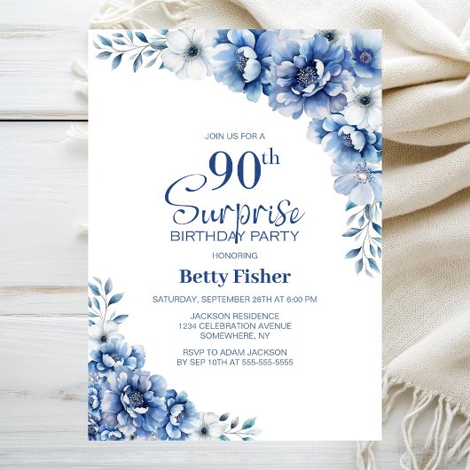 Invitation Blue Floral Surprise 90e anniversaire