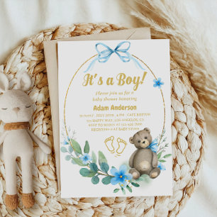 Invitation Blue Floral Teddy Bear C'est un Baby shower garçon