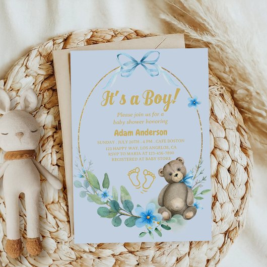 Invitation Blue Floral Teddy Bear C'est un Baby shower garçon