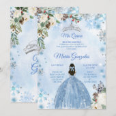 Invitation Blue Floral & Vacances d'hiver Mis Quince Annivers (Devant / Derrière)