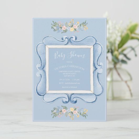 Invitation Blue Floral Vintage Baby Shower (Debout devant)