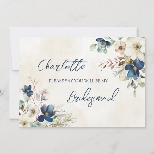 Invitation Blue Floral Wedding Bridesmaid Proposal Card (Devant)