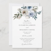 Invitation Blue Floral Wedding Elegant Watercolor QR Code (Devant)