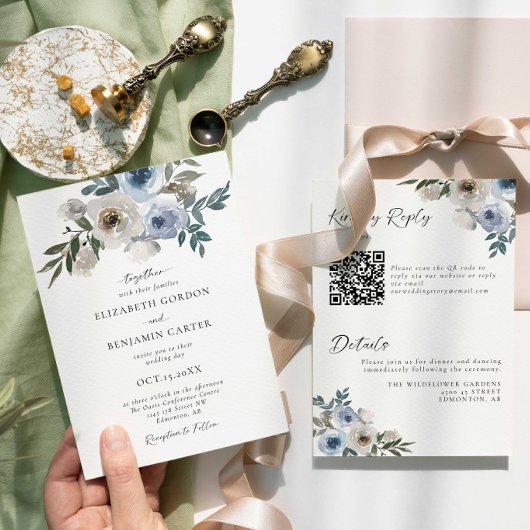 Invitation Blue Floral Wedding Elegant Watercolor QR Code