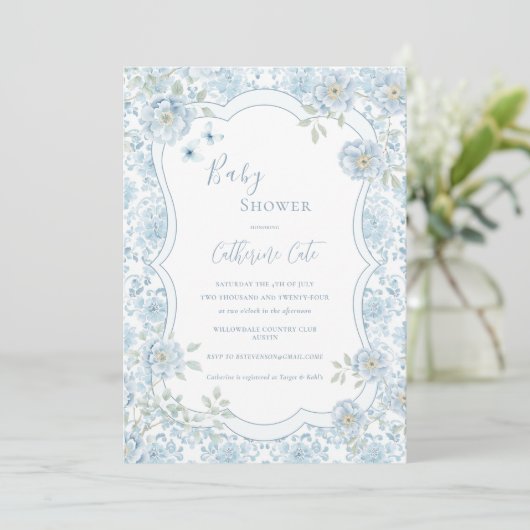Invitation Blue Floral Whimsical Baby Shower (Debout devant)
