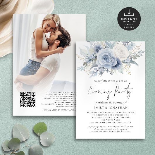 Invitation Blue Florals QR Photo Mariage Soirée