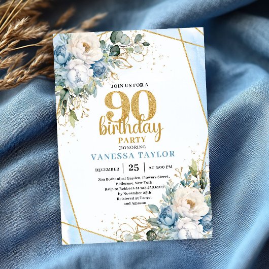 Invitation Blue Flower Gold Accent 90th Birthday Party Invite
