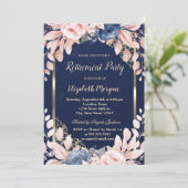 Invitation Blue Flowers Gold Frame Marine Blue Retraite (Debout devant)