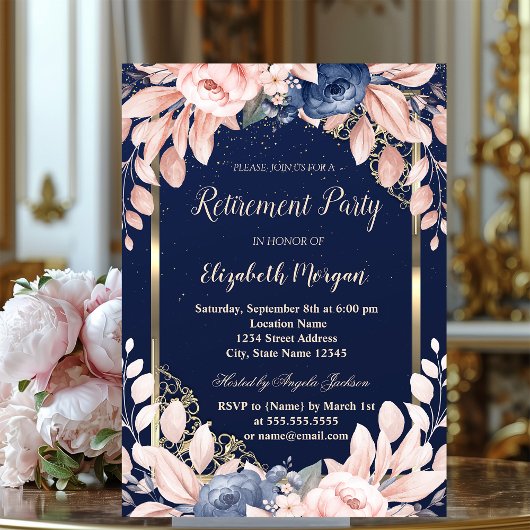 Invitation Blue Flowers Gold Frame Marine Blue Retraite