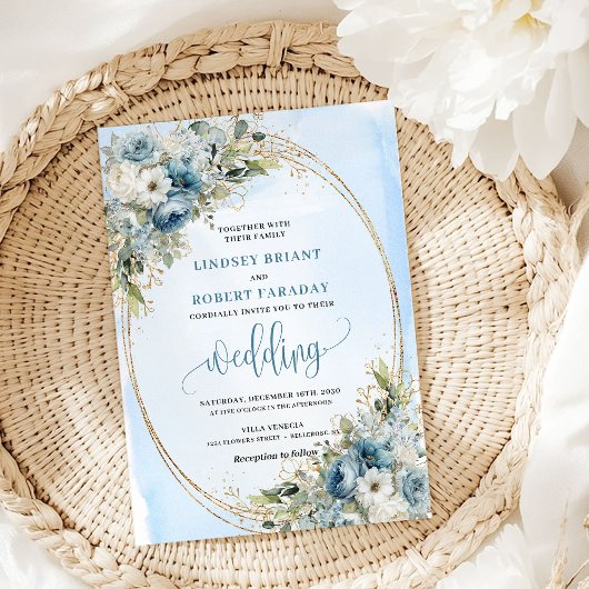 Invitation Blue Flowers Greenery Gold Glitter Wedding Invite