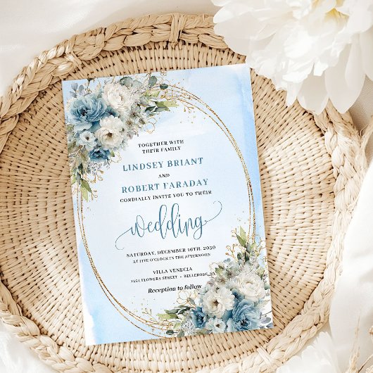 Invitation Blue Flowers Greenery Gold Glitter Wedding Invite
